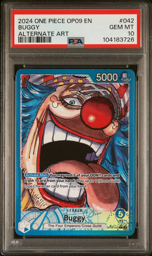 Singles Graded - 2024 ONE PIECE OP09-EMPERORS IN THE NEW WORLD 042 BUGGY ALTERNATE ART PSA 10!