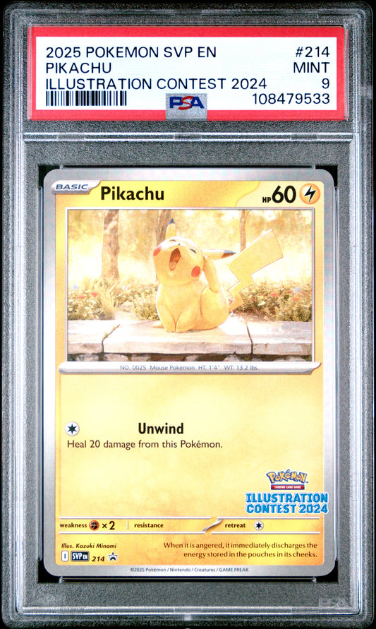 Singles Graded - 2025 POKEMON SVP EN-SV BLACK STAR PROMO 214 PIKACHU ILLUSTRATION CONTEST 2024 PSA 9!