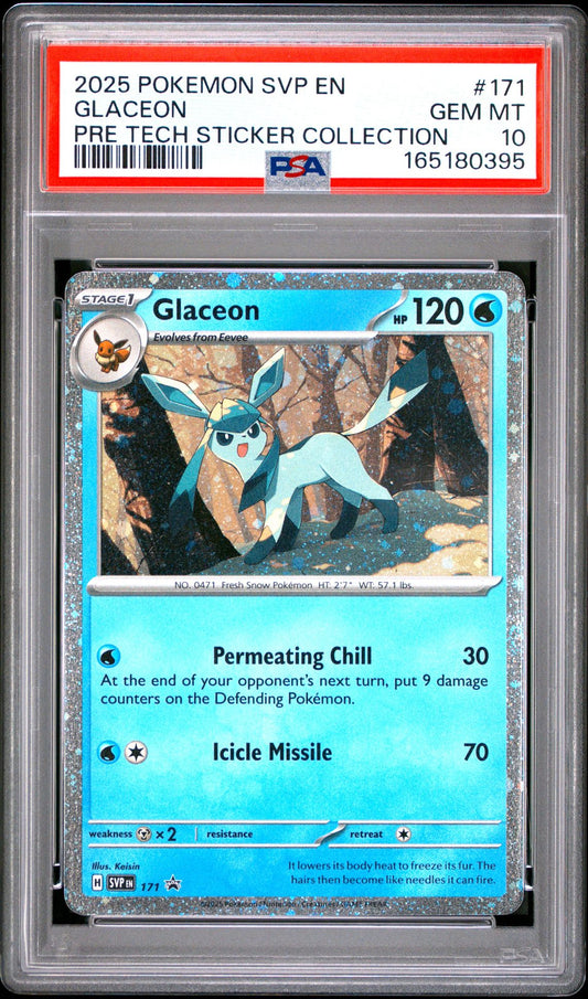Singles Graded - **SWIRL** 2025 POKEMON SVP EN-SV BLACK STAR PROMO 171 GLACEON PRISMATIC EVOLUTIONS TECH STICKER COLLECTION PSA 10!