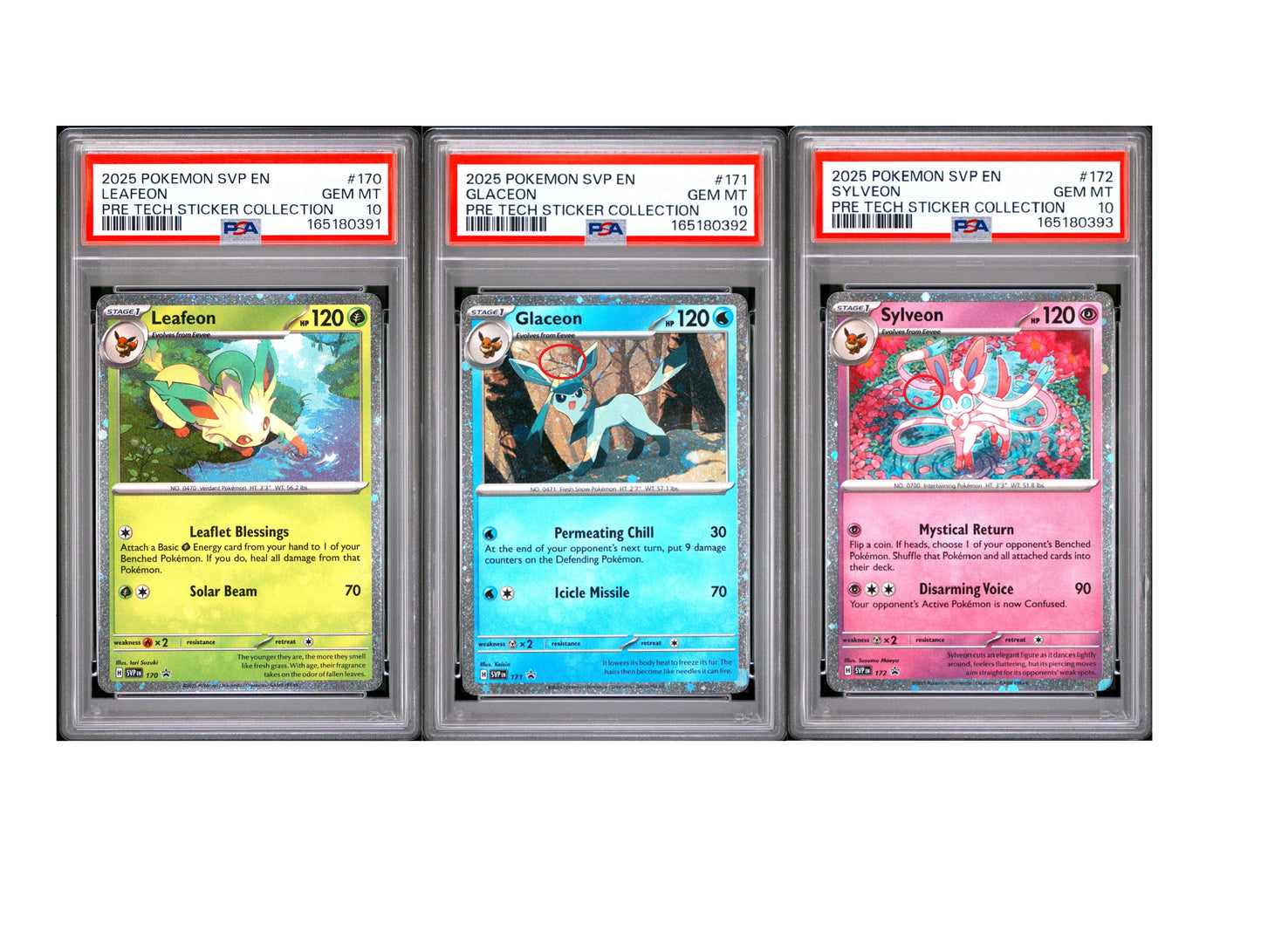 Singles Graded - **SWIRL 2/3** **SEQUENTIAL** 2025 POKEMON SVP EN-SV BLACK STAR PROMO 170, 171, AND 172 LEAFEON, GLACEON, SYLVEON PRISMATIC EVOLUTIONS TECH STICKER COLLECTION PSA 10!