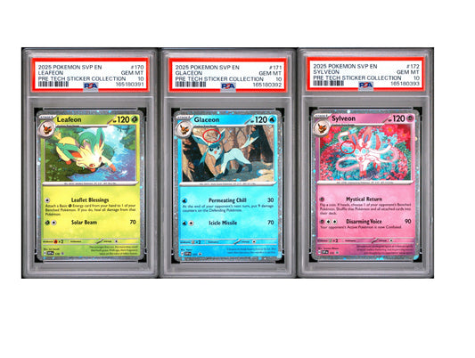 Singles Graded - **SWIRL 2/3** **SEQUENTIAL** 2025 POKEMON SVP EN-SV BLACK STAR PROMO 170, 171, AND 172 LEAFEON, GLACEON, SYLVEON PRISMATIC EVOLUTIONS TECH STICKER COLLECTION PSA 10!
