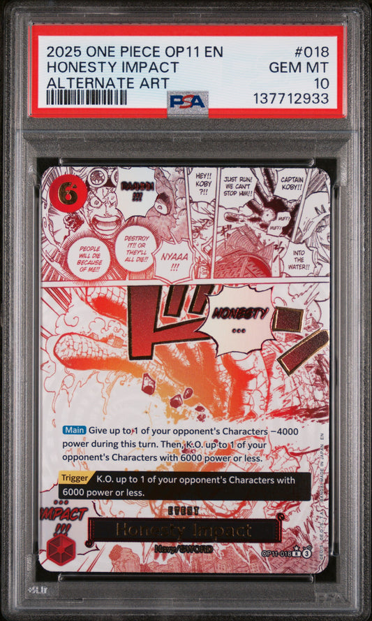 Singles Graded - 2025 ONE PIECE OP11-A FIST OF DIVINE SPEED 018 HONESTY IMPACT ALTERNATE ART PSA 10!